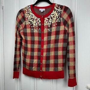 Charter Club Cardigan Sweater Womens Small Red Black Gold Plaid Sequin Holiday